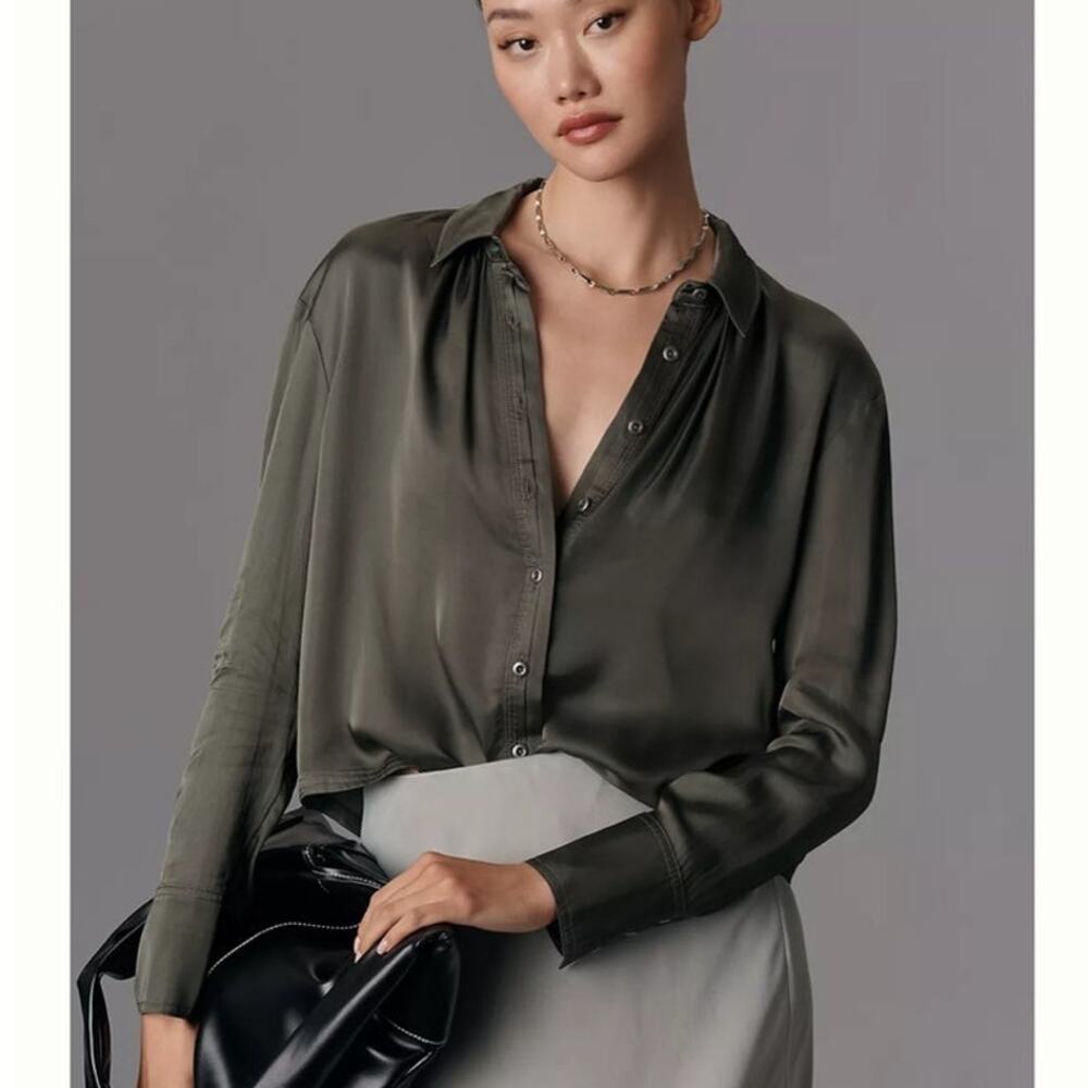 Pilcro Anthropologie Satin Button Down Shirt Olive Green Size Small Blouse